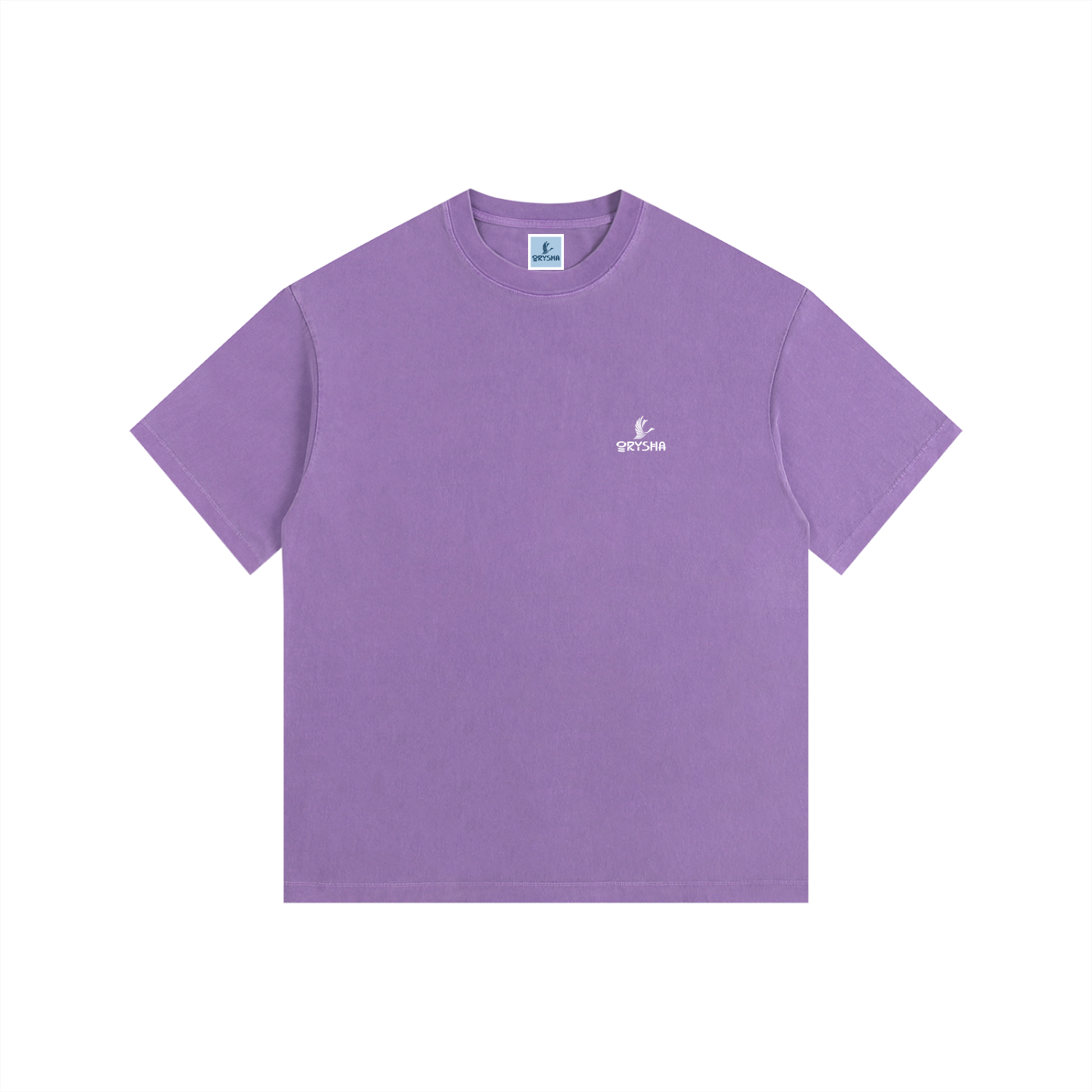 Purple t-shirt with a small logo on a white background