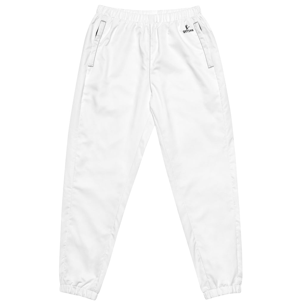 Women’s white water-resistant track pants with relaxed fit and mesh lining