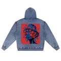 Women’s oversized snow wash zip-up hoodie with floral portrait graphic back casual streetwear fashion