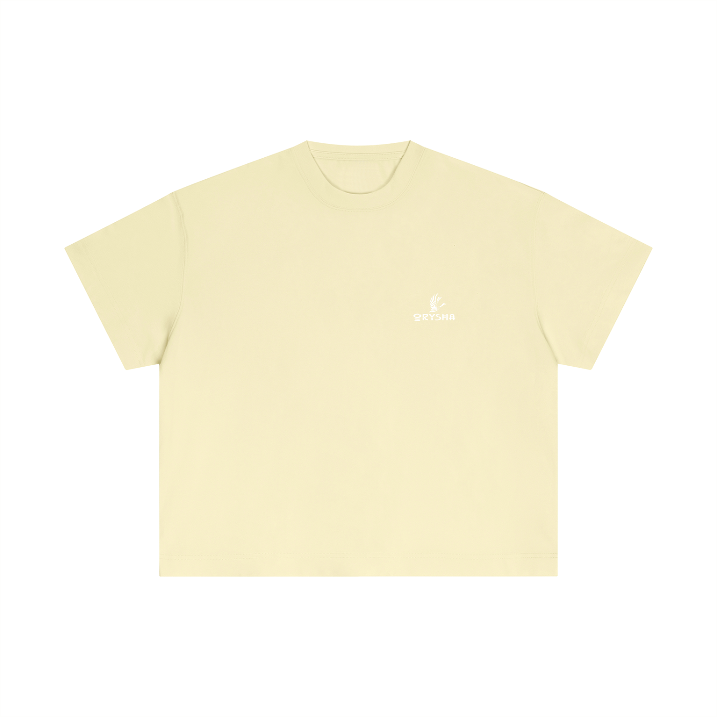 Beige t-shirt with text on a white background