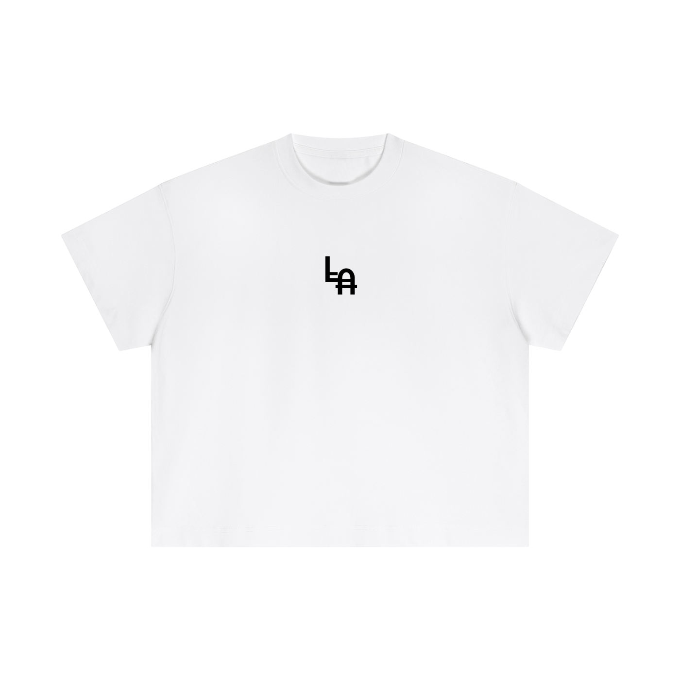 White t-shirt with a black logo on a white background