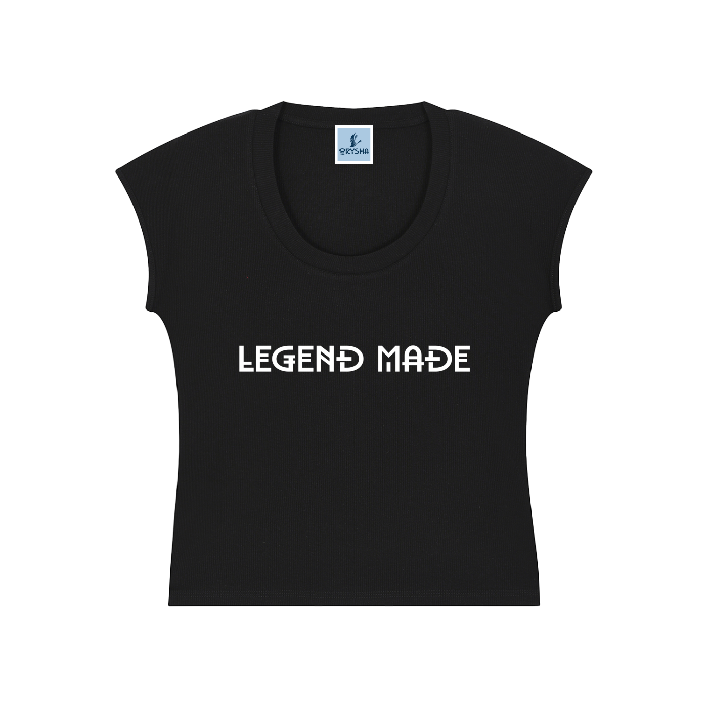 Black sleeveless shirt with 'LEGEND MADE' text on a white background
