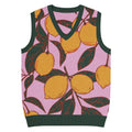 Knit V-neck vest with lemon pattern, pink base, and dark green trim