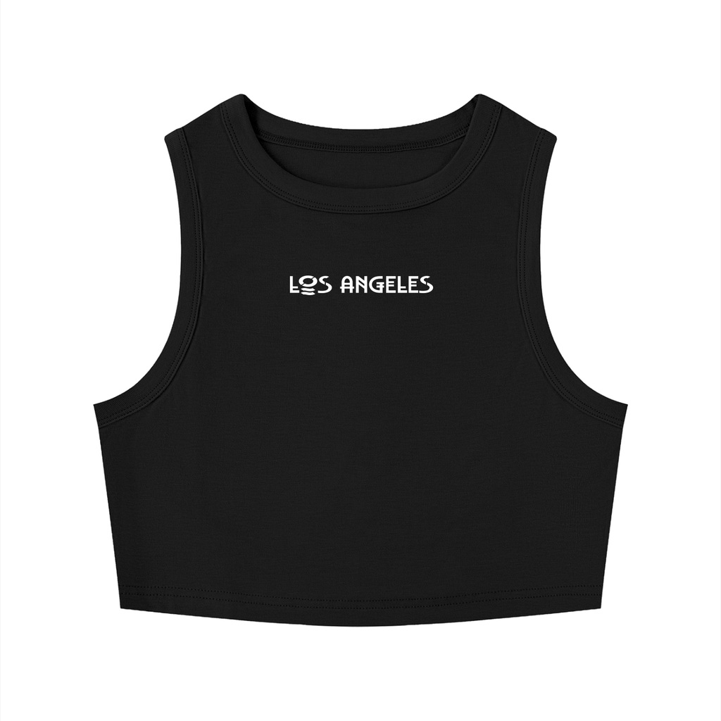 Black sleeveless top with a white logo on a white background