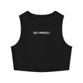 Black sleeveless top with a white logo on a white background