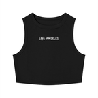 Black sleeveless top with a white logo on a white background