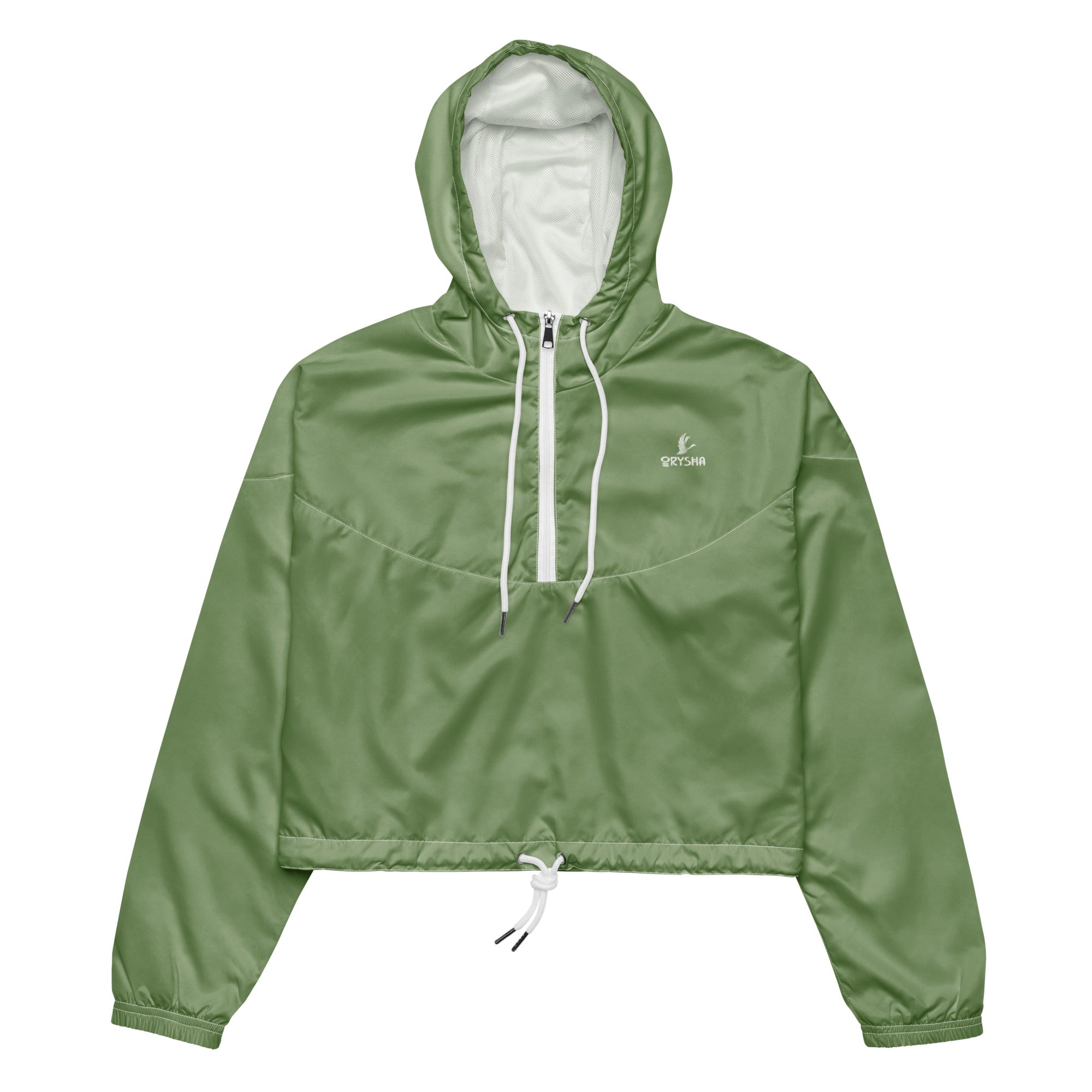 Women’s matcha green cropped windbreaker jacket with hood, adjustable drawstrings, and lightweight water-resistant design for streetwear styling