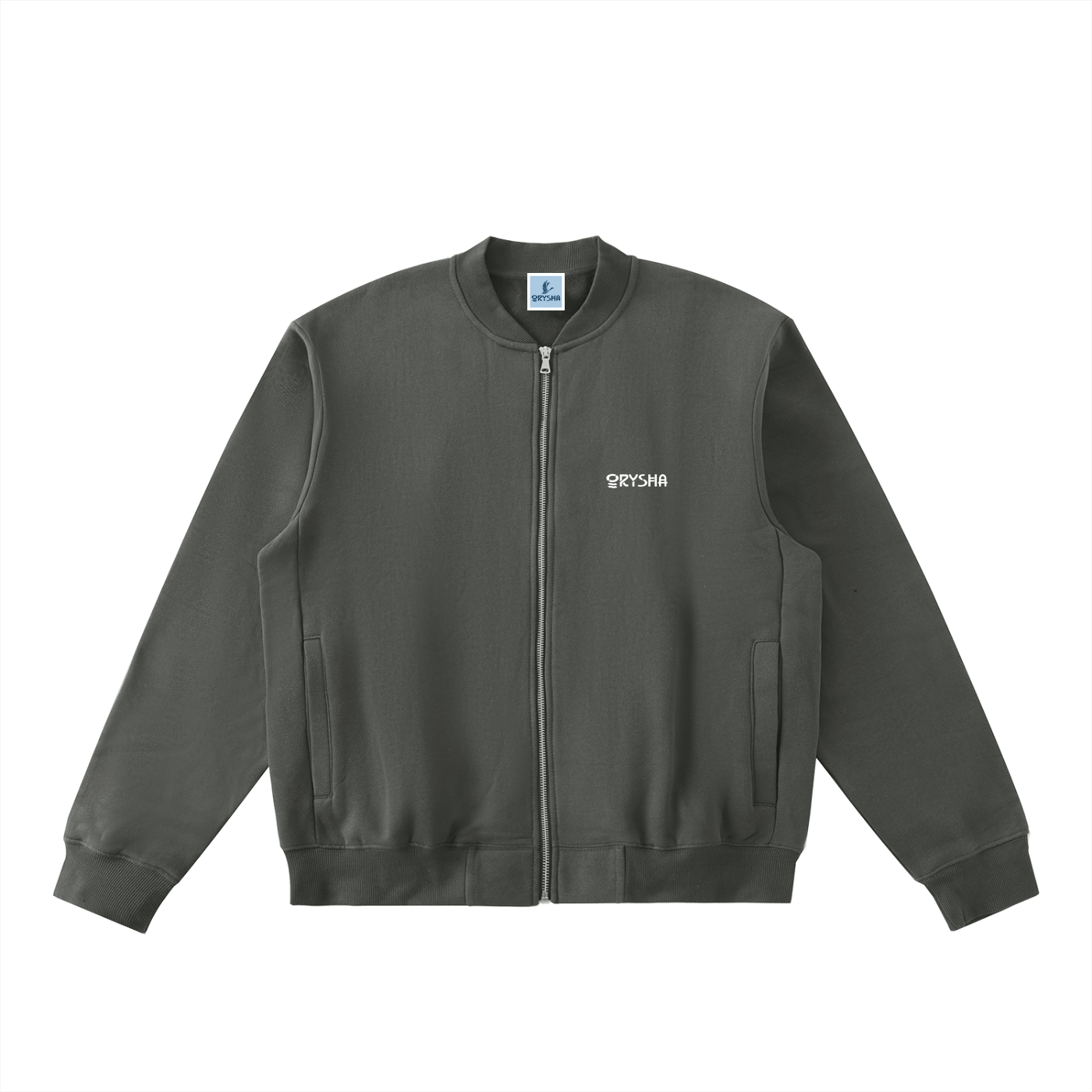 Fleeced zip-up varsity jacket with bold streetwear graphic design