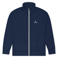 Women’s navy blue eco performance track jacket with zip front and soft fleece interior made from recycled fabric