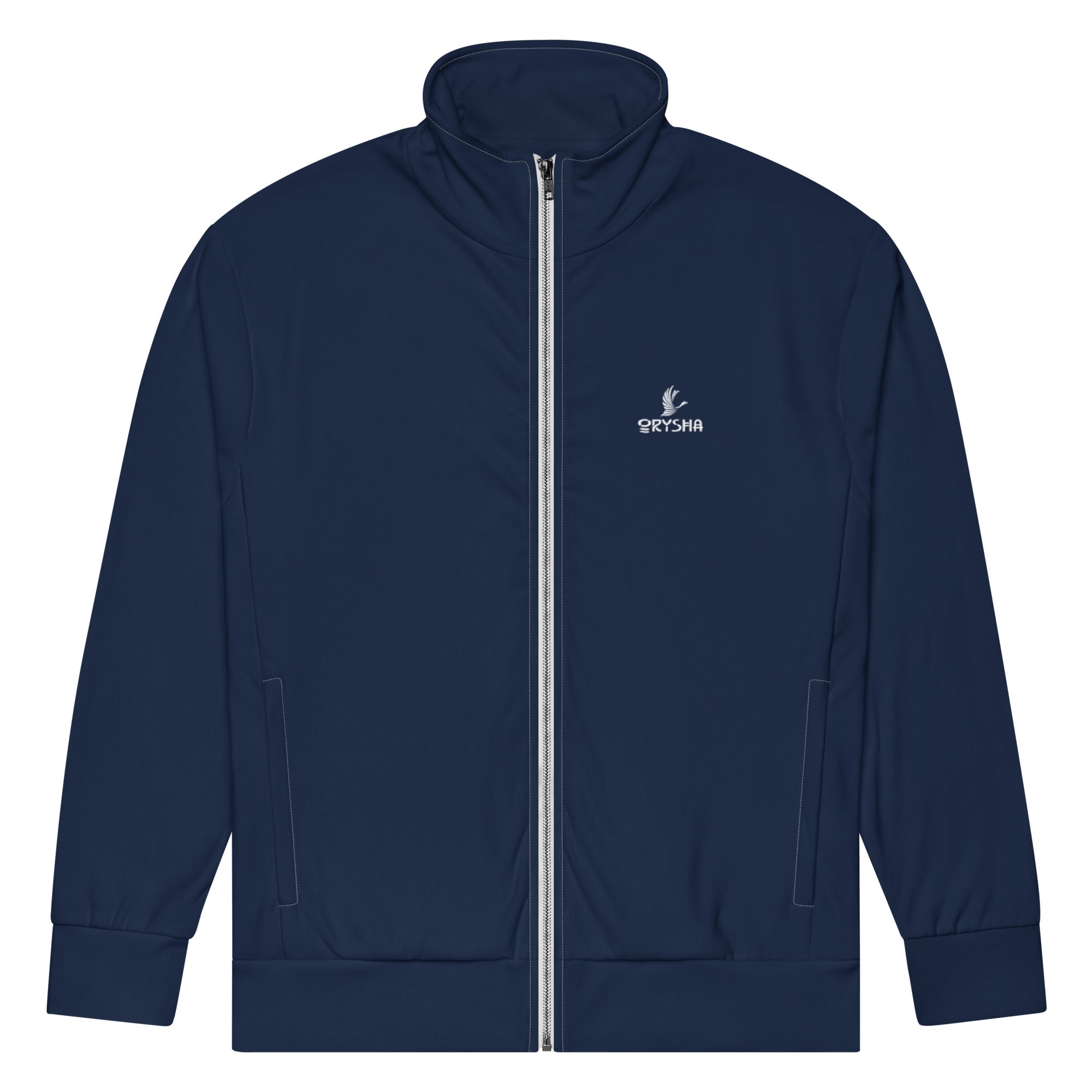 Women’s navy blue eco performance track jacket with zip front and soft fleece interior made from recycled fabric