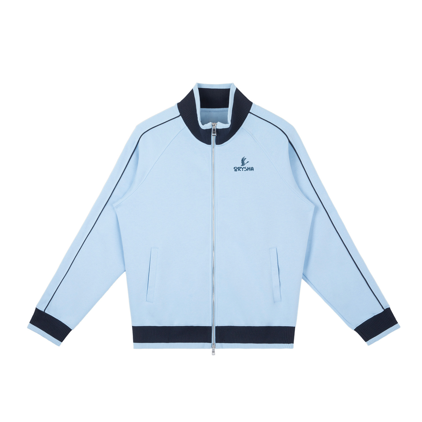 Light blue jacket with dark blue accents on a white background