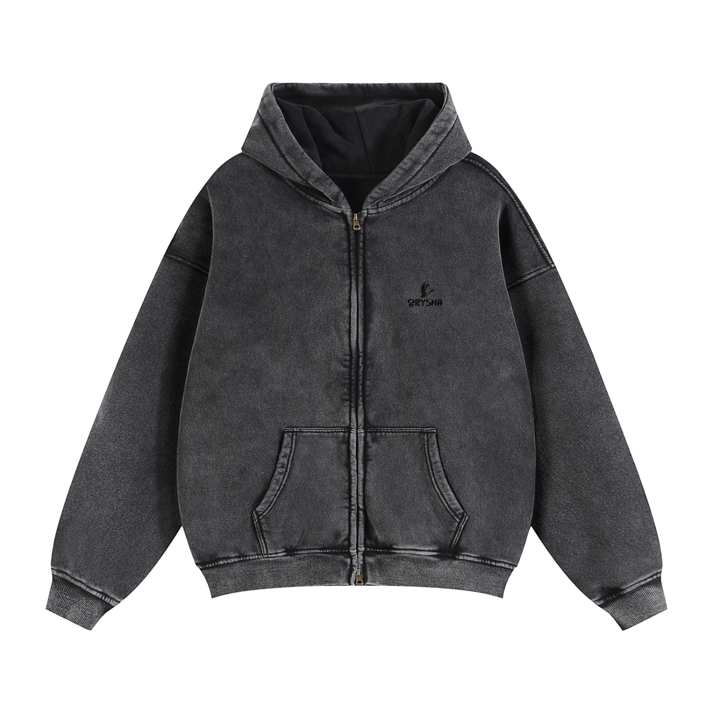 Black hoodie with a brand logo on a white background