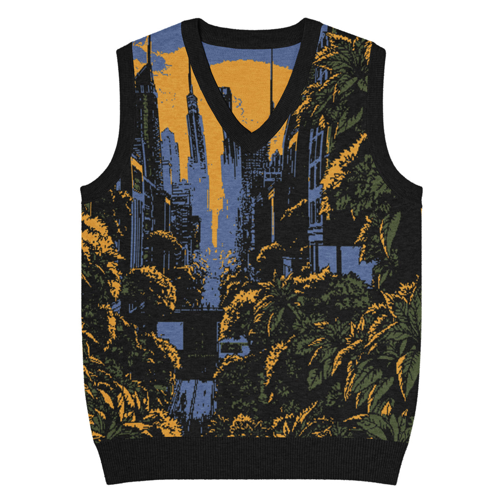 Knit V-neck vest featuring a sunset cityscape with tropical greenery and urban skyline