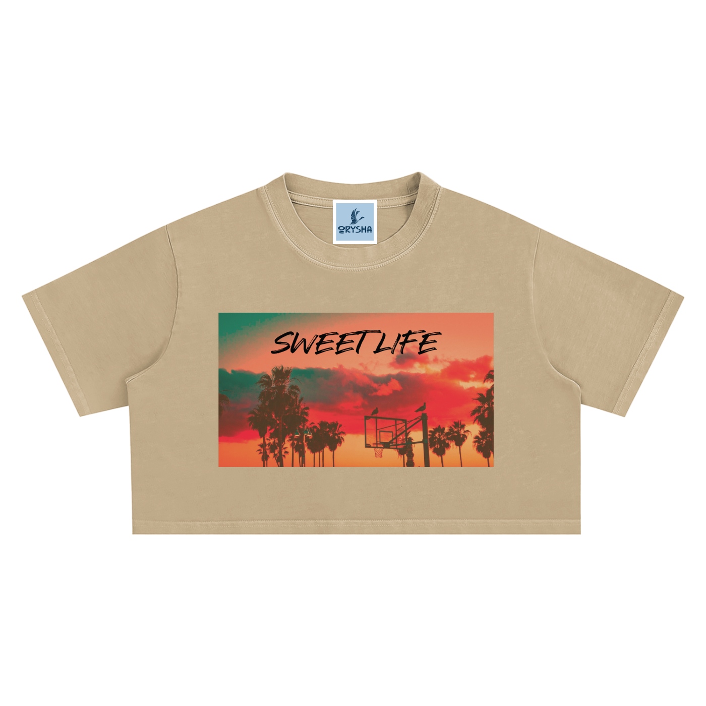 Beige crop top with 'Sweet Life' graphic design featuring palm trees and a sunset.