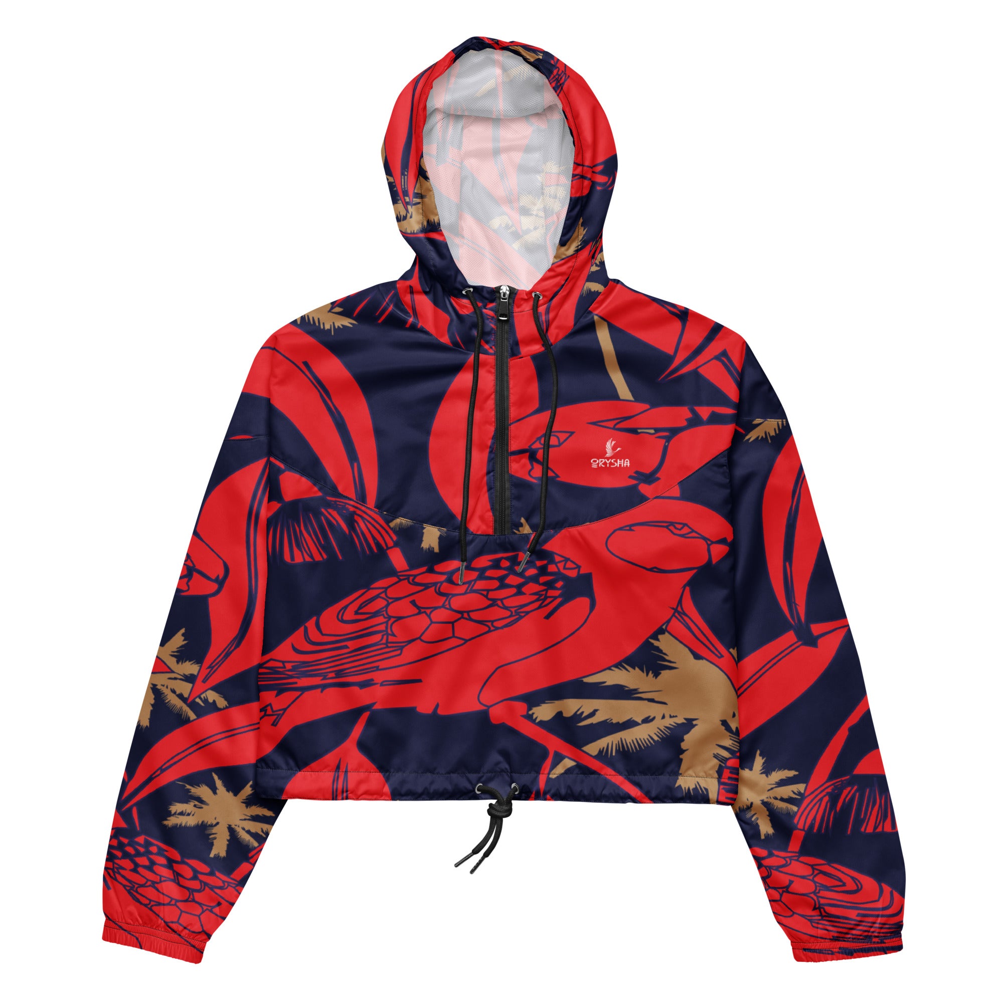 Women’s cropped windbreaker with Tropic Noir dark tropical pattern and lightweight water-resistant fabric