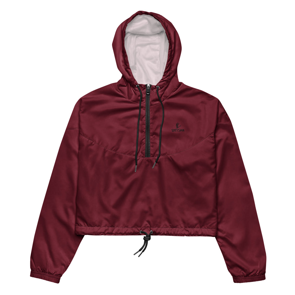 Women’s burgundy cropped windbreaker jacket with hood, lightweight water-resistant fabric and adjustable fit