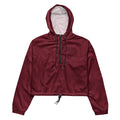 Women’s burgundy cropped windbreaker jacket with hood, lightweight water-resistant fabric and adjustable fit