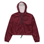 Women’s burgundy cropped windbreaker jacket with hood, lightweight water-resistant fabric and adjustable fit