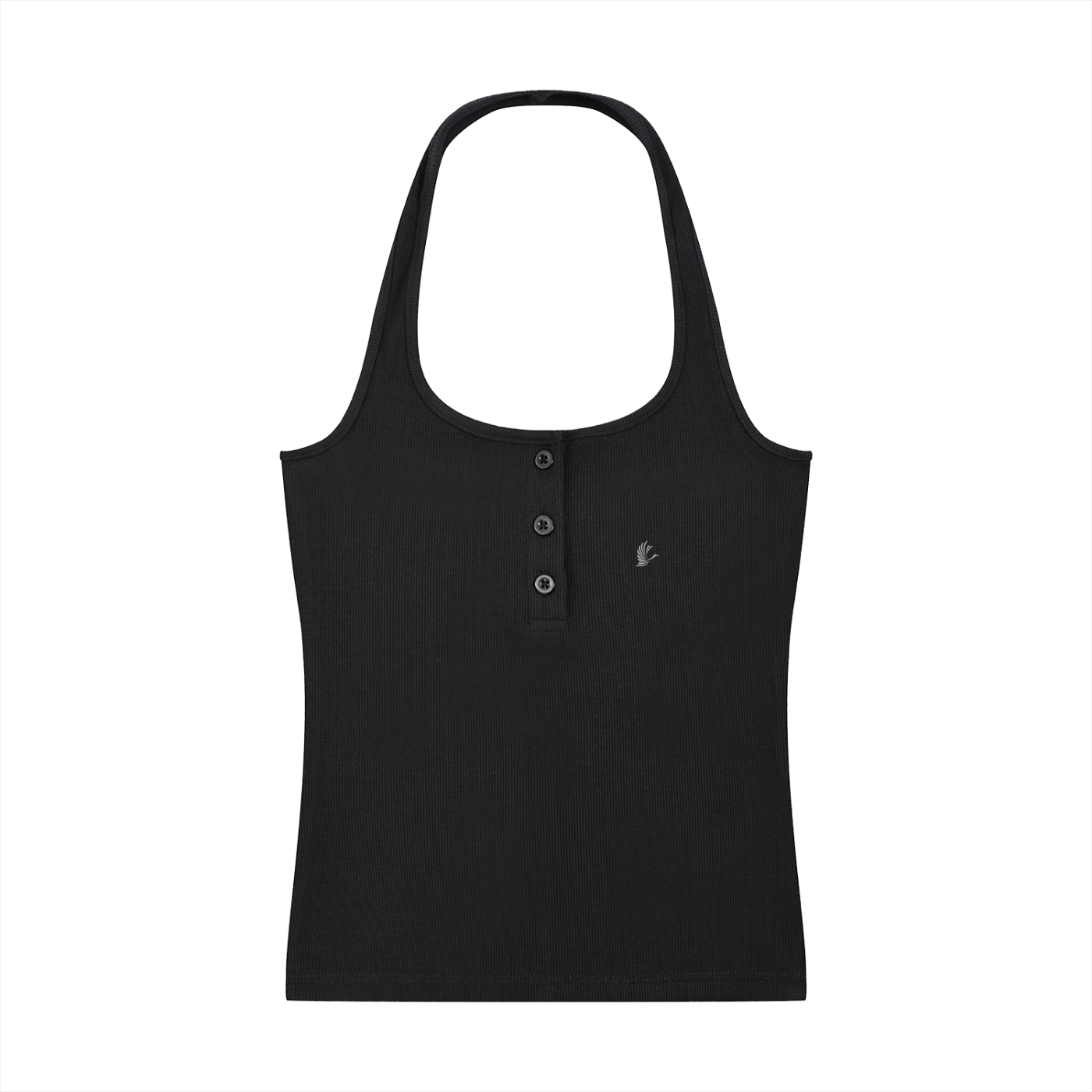 Black tank top with a small logo on a white background