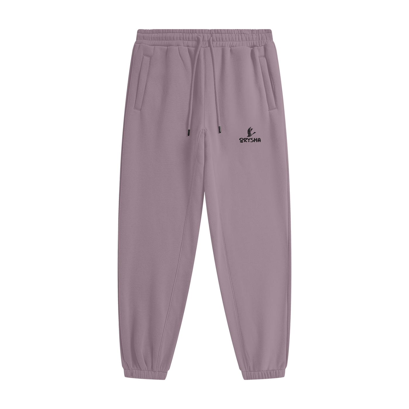 lavender jogger pants with a brand logo on a white background